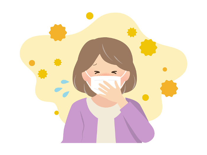 Senior woman with hay fever symptoms (with mask) _vector illustration