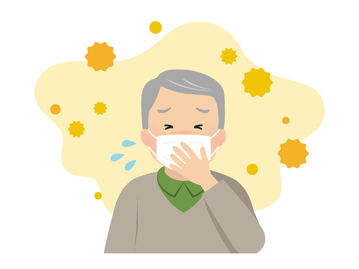 Senior man with hay fever symptoms (with mask) _vector illustration