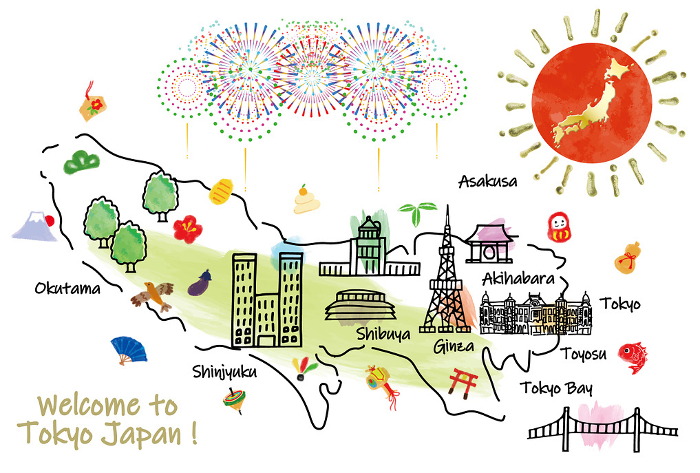 Cute Tokyo sightseeing spot illustration map hand-drawn line drawing