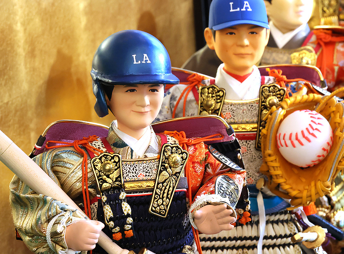 Samurai dolls of Los Angeles Dodgers new Japanese players, Shohei Otani and Yoshinobu Yamamoto  March 19, 2024, Tokyo, Japan   Japan s doll maker Kyugetsu displays samurai dolls of Los Angeles Dodgers new Japanese players, Shohei Otani  L  of two way player and Yoshinobu Yamamoto  R  of pitcher at the company s showroom in Tokyo on Tuesday, March 19, 2024. Los Angeles Dodgers will have the opening game of the Major League Baseball against San Diego Padres in Seoul on March 20.     photo by Yoshio Tsunoda AFLO 