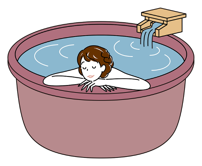 Naked pretty woman bathing comfortably in an open-air hot spring bath Simple Illustration