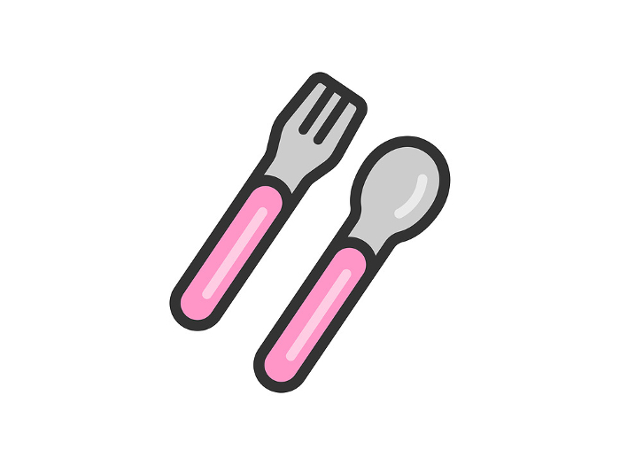Illustration of a fork and spoon icon (line drawing color), pink