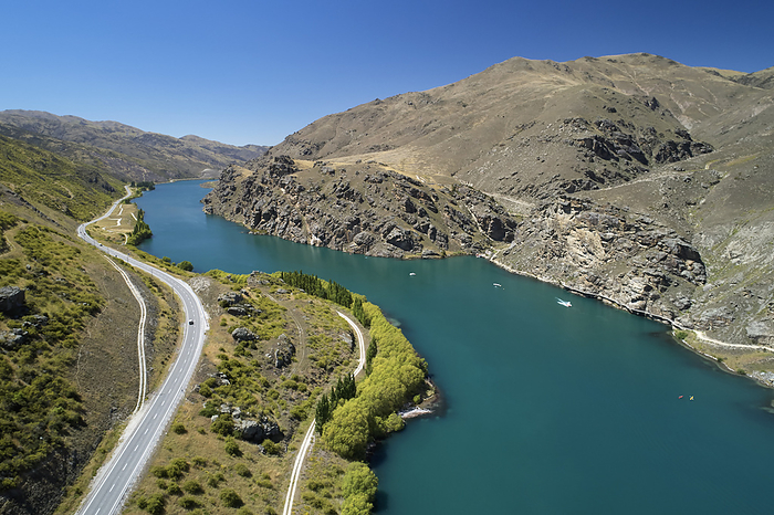 New Zealand State Highway 8, Lake Dunstan, and Lake Dunstan Cycle Trail  right , near Cromwell, Central Otago, South Island, New Zealand