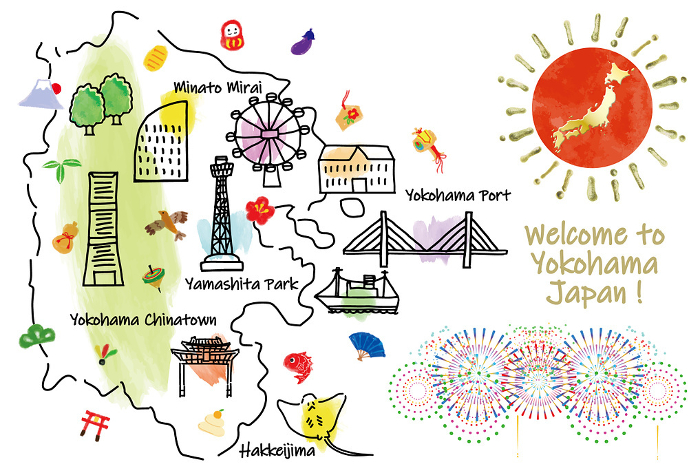 Cute illustrated map of tourist attractions in Yokohama and lucky charms