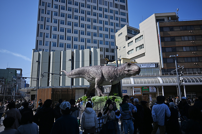 Extension of Hokuriku Shinkansen A dinosaur monument stands in front of Fukui Station in Fukui City, Japan, on March 16, 2024. A new leg of the Hokuriku Shinkansen line opened between Tsuruga, Fukui Prefecture and Kanazawa, Ishikawa Prefecture, on the same day.  Photo by MATSUO.K AFLO 