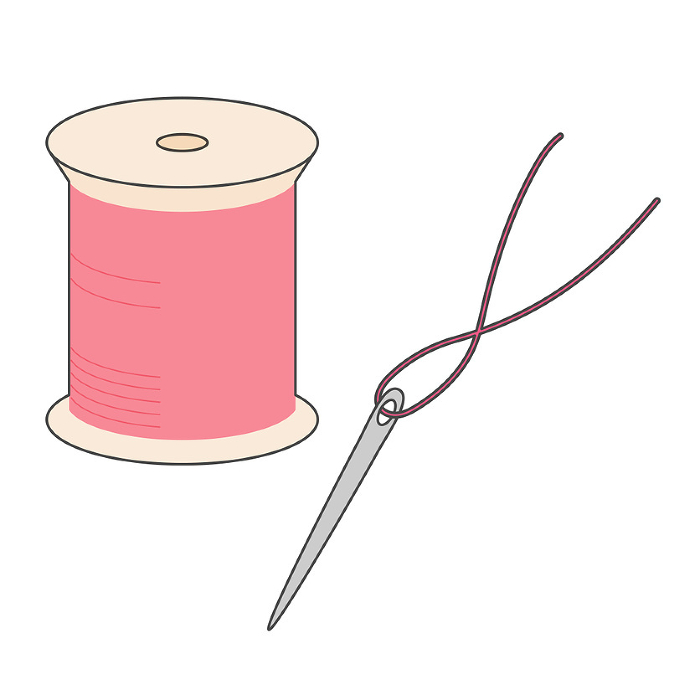 Pink thread and needle. Vector illustration with main lines, inspired by handicrafts and sewing.