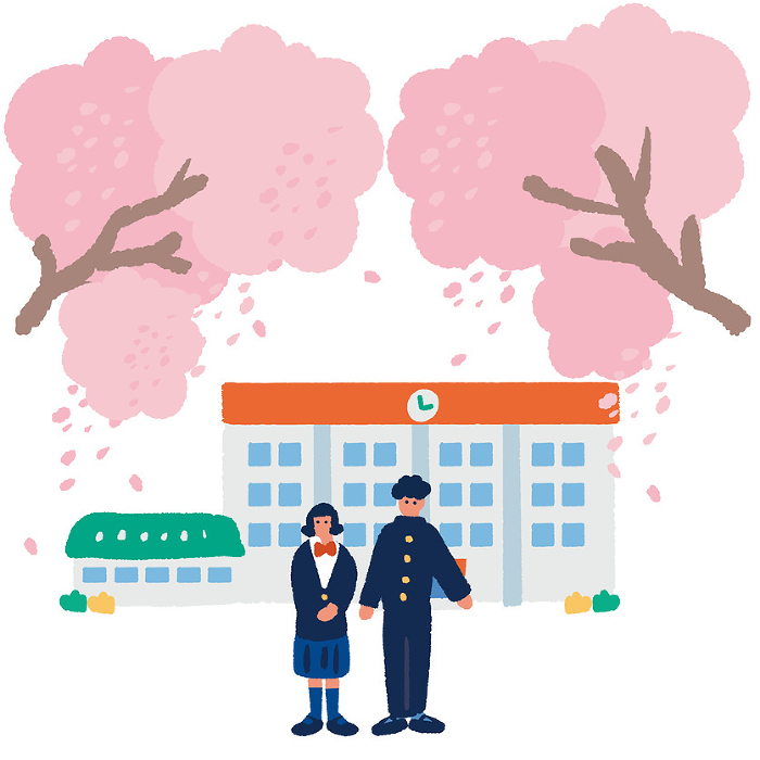 Simple, flat illustration of male and female students in uniform standing under a cherry tree