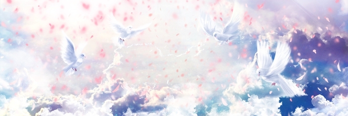 Wide size illustration of heavenly fantasy background with white doves and dancing cherry petals