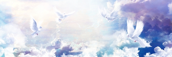 Fantasy background wide size illustration of four white doves dancing in a heavenly sea of clouds