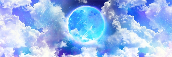 Wide size landscape illustration of a shining blue full moon and white summer clouds drifting by.