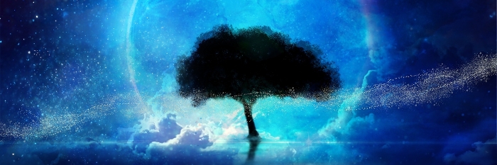 Fantasy background wide size illustration of a large tree shadow silhouette lit by a big blue full moon on the water