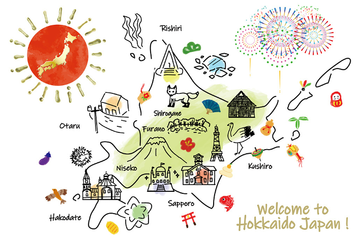 Cute illustrated map of sightseeing spots and lucky charms in Hokkaido