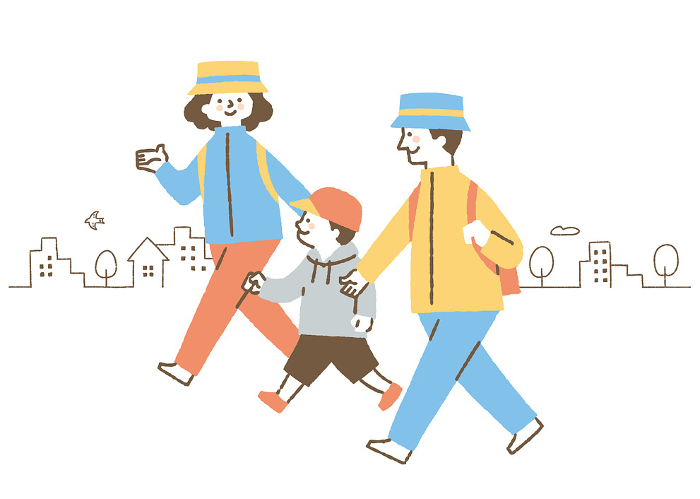A family of three going out with hats on_color