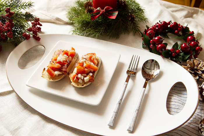 christmas table setting with open sandwich