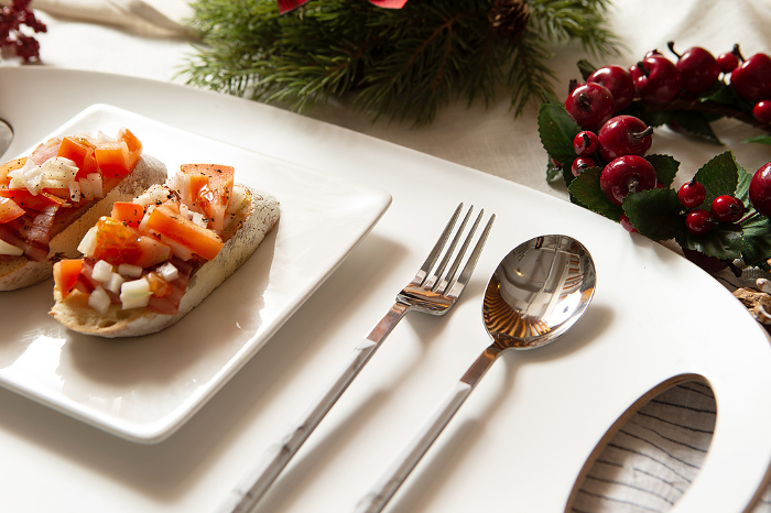 christmas table setting with open sandwich