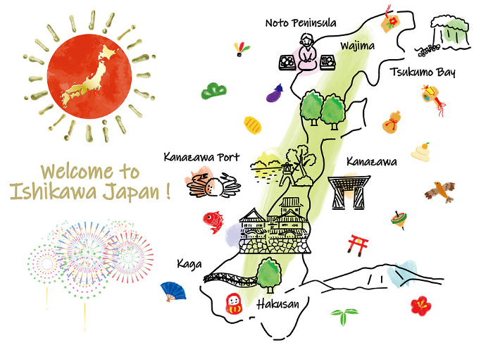 Cute illustration map and lucky charms of sightseeing spots in Ishikawa Prefecture