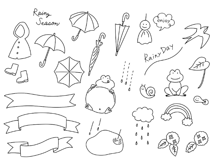 Set of cute handwritten illustrations of rainy season