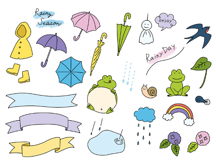 Set of cute handwritten illustrations of rainy season