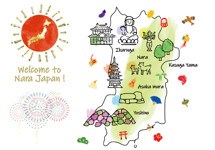 Cute illustrated map of tourist attractions and lucky charms in Nara