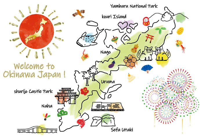Cute illustration map and lucky charms of sightseeing spots in Okinawa