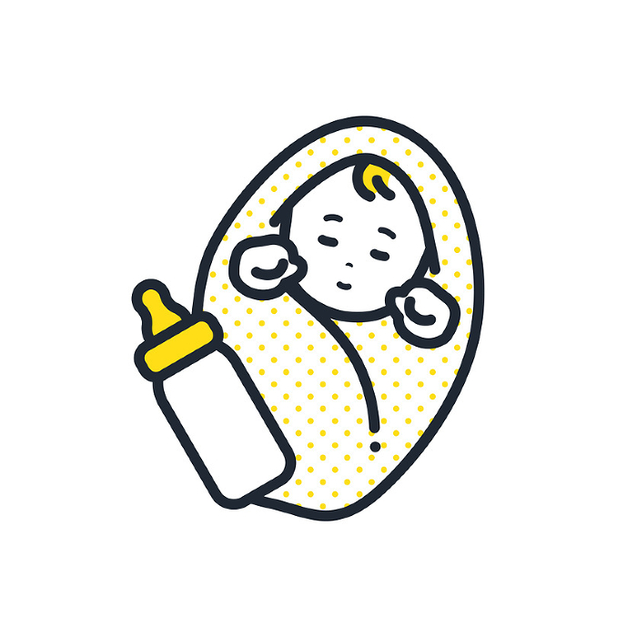 Simple vector illustration of a sleeping baby and a baby bottle