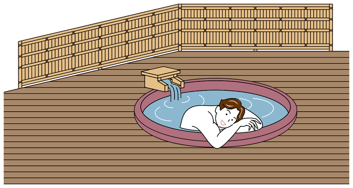 Naked cute man taking a nice bath in a ceramic bath of hot spring water in a guest room with an open-air bath. simple