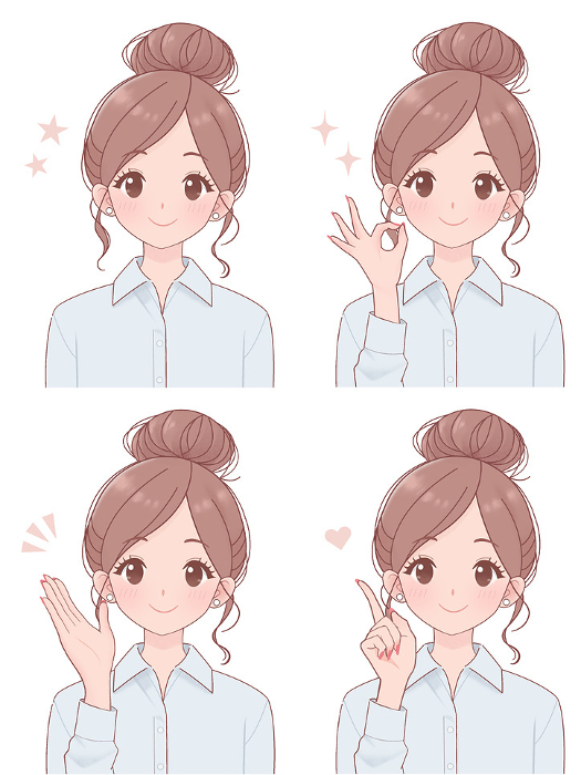 Woman at work with free hairstyle, earrings and nails Pose set Illustration