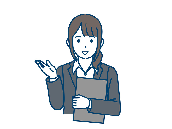Illustration of female office worker guiding, explaining, and talking