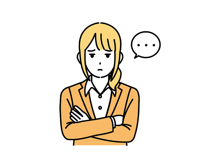 Clip art of a female office worker who stares at you with jealous eyes and doubts.