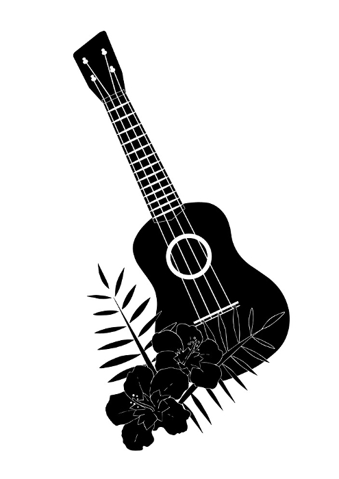Black and white silhouette illustration of a flower and ukulele.