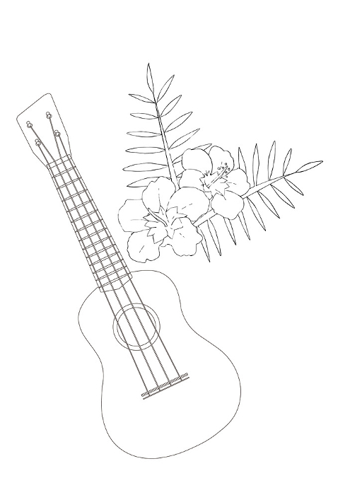 Black-and-white line drawing illustration of flower and ukulele in Hawaiian style