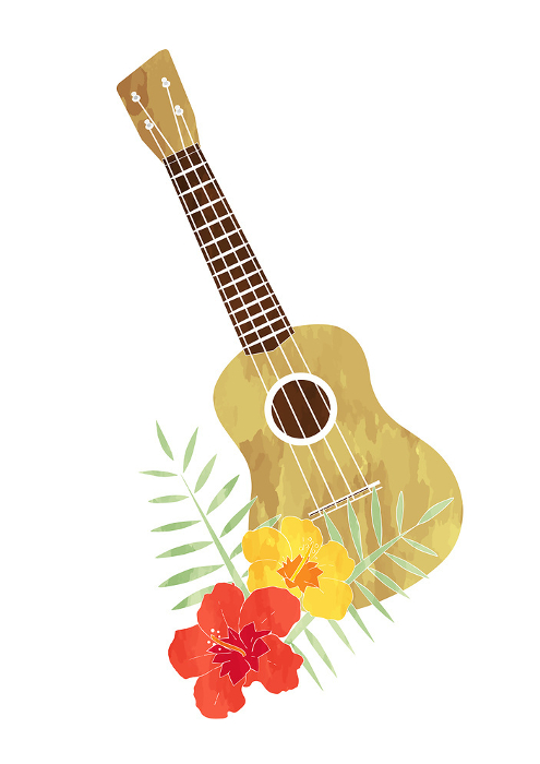 Hawaiian watercolor illustration of flowers and ukulele