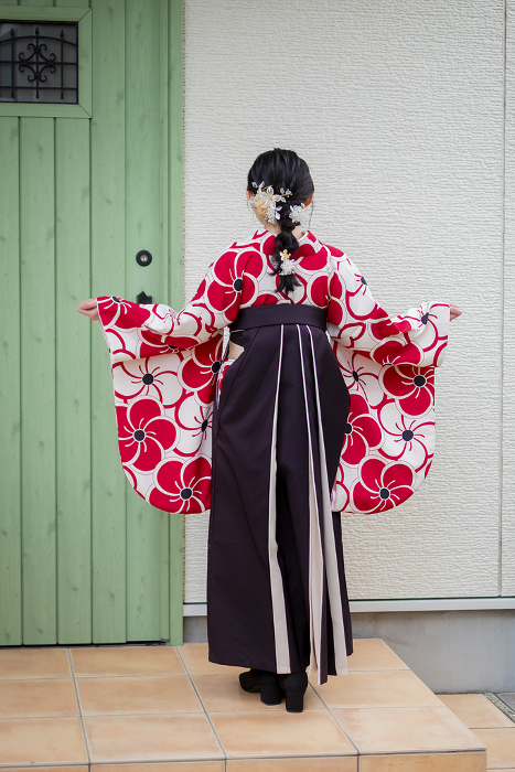 Back view of woman in hakama