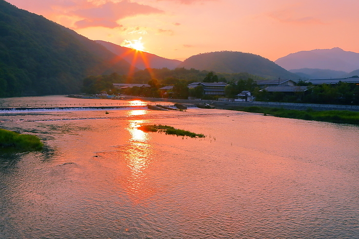 Arashiyama and Katsuragawa River at dusk in summer Kyoto City, Kyoto Prefecture