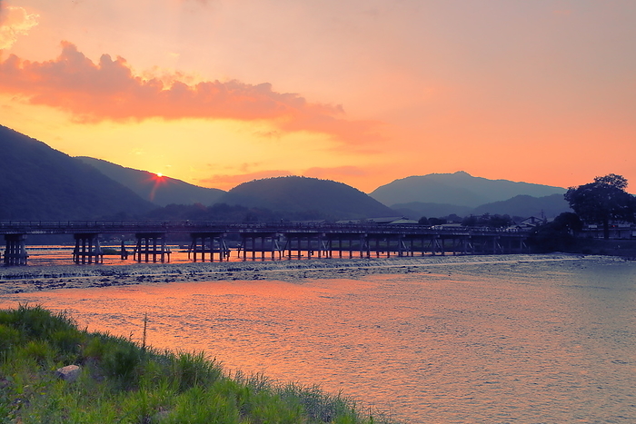 Arashiyama and Katsuragawa River at dusk in summer Kyoto City, Kyoto Prefecture