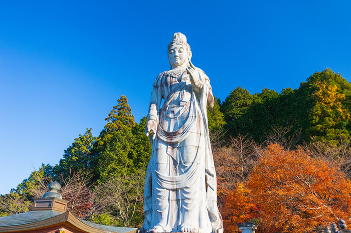 Stone Statue of the Great Kannon (Goddess of Mercy) at Tsubosaka-ji Temple (Minami-Hoke-ji Temple) in Autumn Foliage, Nara Prefecture