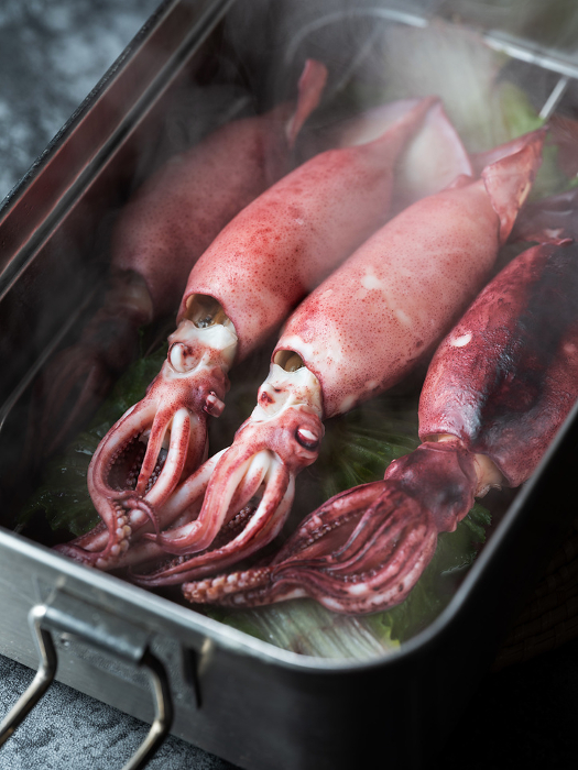 Boiled squid in a pot