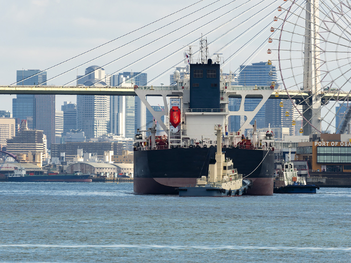 Cargo ship entering Tempozan at the Port of Osaka