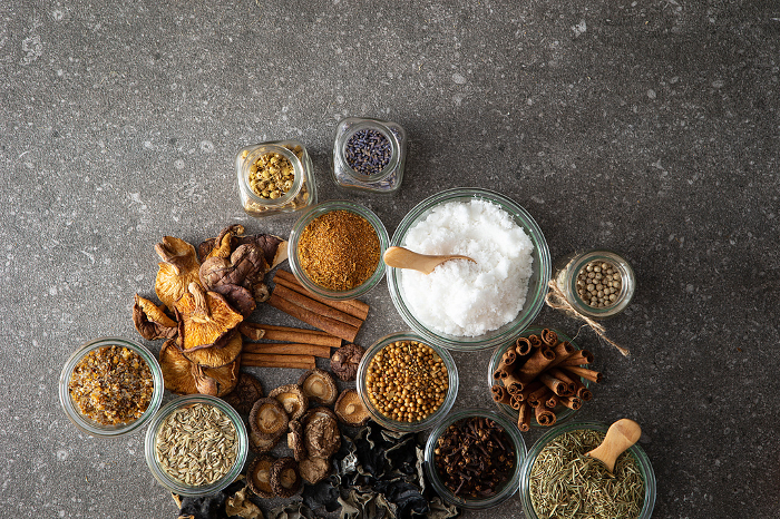Various spices, dried mushrooms, salt and pepper