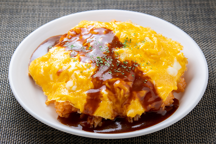 Omelette rice (unwrapped omelette rice with demi-glace sauce).