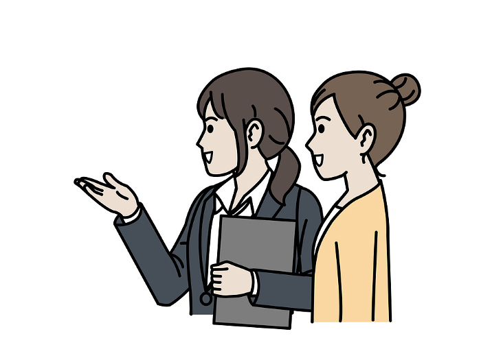 Illustration of a female office worker giving directions and explanations to customers