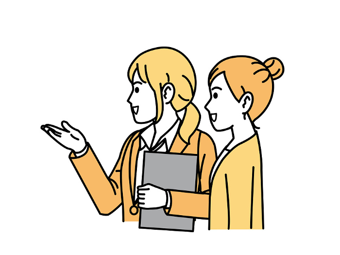 Illustration of a female office worker giving directions and explanations to customers