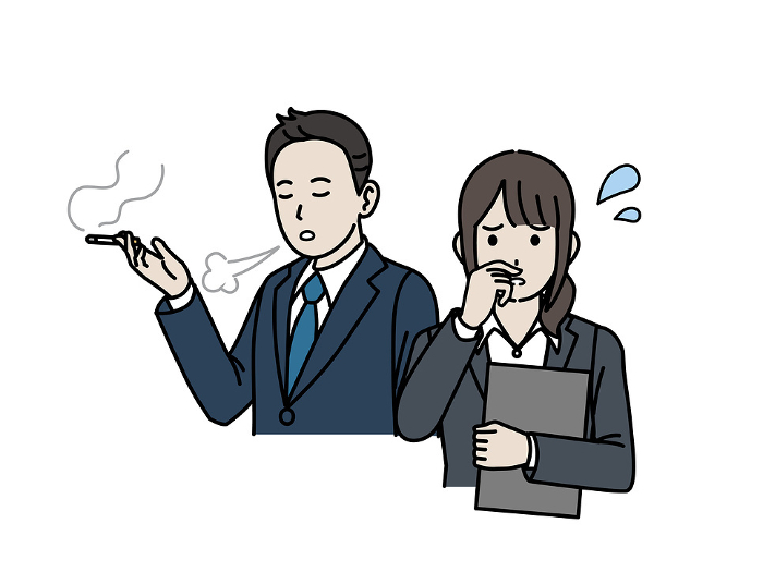 Clip art of female office worker troubled by cigarette smoke and smell