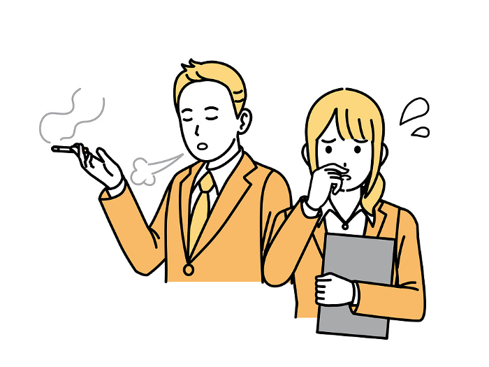 Clip art of female office worker troubled by cigarette smoke and smell