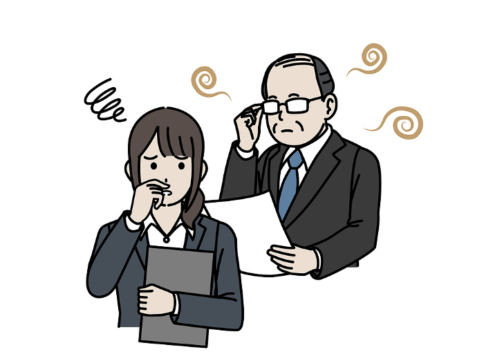 Clip art of female office worker troubled by boss's smell of aging