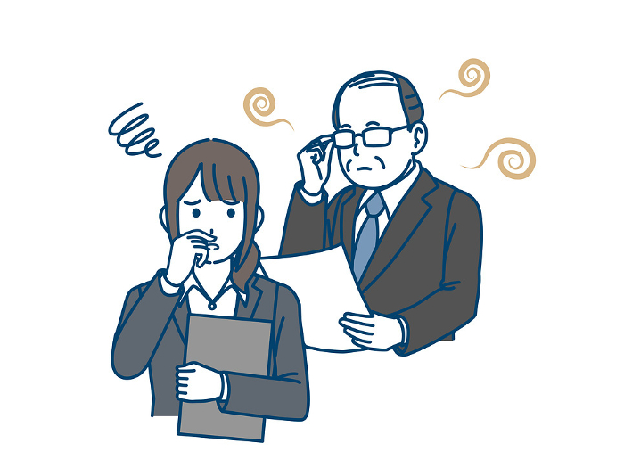 Clip art of female office worker troubled by boss's smell of aging