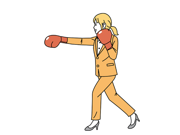 Clip art of female office worker punching with boxing gloves