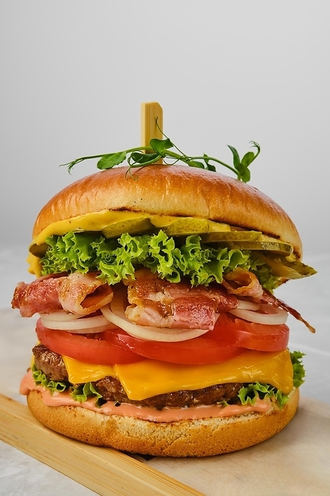 Close up view of beef burger with bacon, cheese and vegetables, by Aleksei Isachenko
