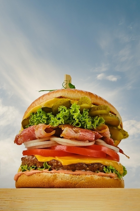 Low angle view of beef burger with bacon, cheese and vegetables, by Aleksei Isachenko