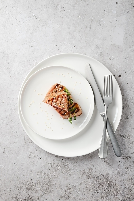 Portion of grilled ahi tuna steak on a plate, by Aleksei Isachenko
